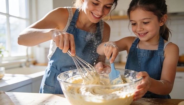 Mother and daughter baking together mixing cake batter in sunlit kitchen denim aprons
