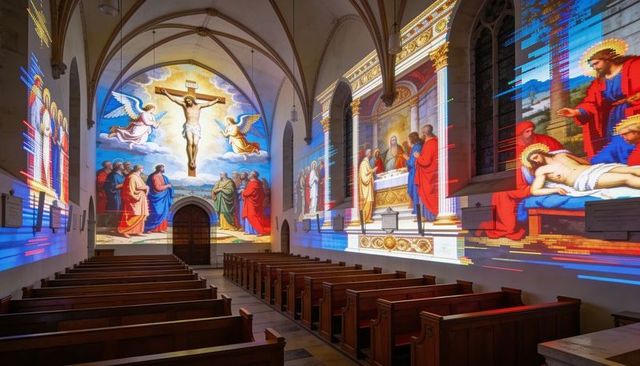 Glowing crucifix projection mapping transforming gothic chapel interior with vibrant murals
