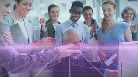 Diverse Business Team Analyzing Data with Tech Overlay