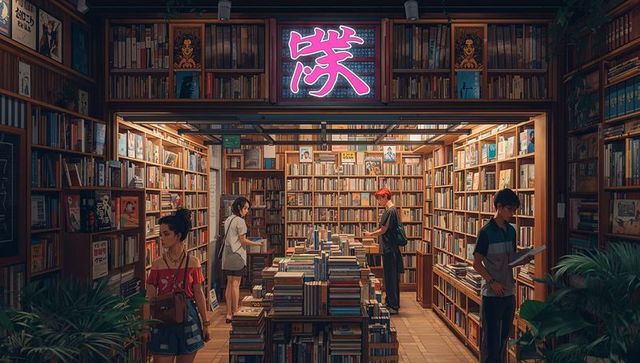 Browsing cozy neon-lit bookstore with youthful readers, wooden shelves and plants
