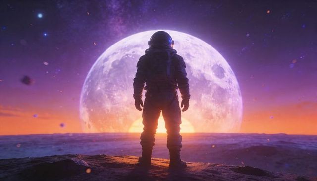 Astronaut standing on alien plain facing oversized glowing moon at twilight