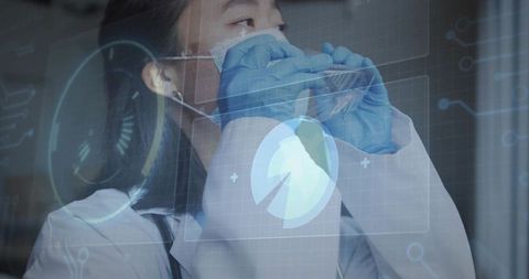 Korean doctor adjusting mask with stethoscope and gloves amid augmented reality HUD