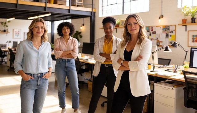 Female leadership team standing confidently collaborating in modern loft startup office