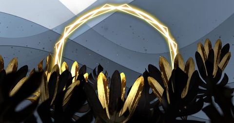 Futuristic Neon Ring with Gold Leaves and Abstract Background