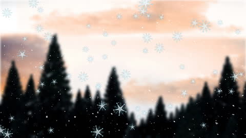 Falling Snowflakes Over Winter Forest at Sunset