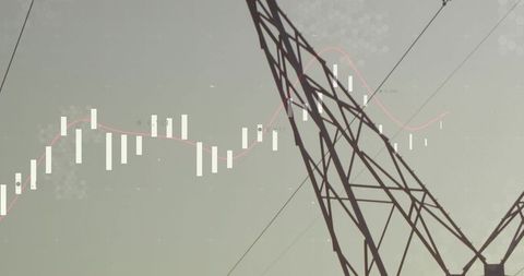 High-Voltage Pylon Framing Financial Candlestick Chart and Pink Trend Line Visualization