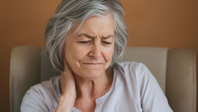 Elderly Woman Experiencing Neck Pain in Domestic Space