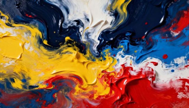 Vibrant impasto abstract painting thick glossy swirls in primary colors yellow red blue