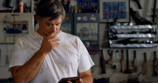 Middle-aged man in workshop contemplating problem on tablet - Download Free Stock Images Pikwizard.com