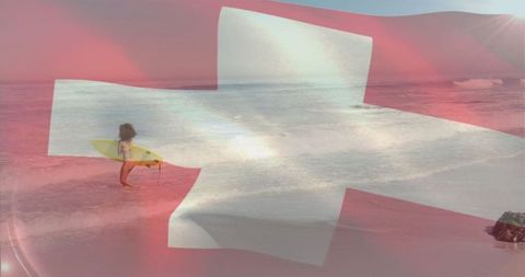 Woman Surfer with Yellow Surfboard and Swiss Cross Overlay