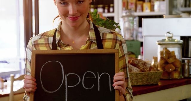 Portrait of waitress showing chalkboard with open sign in cafe 4k