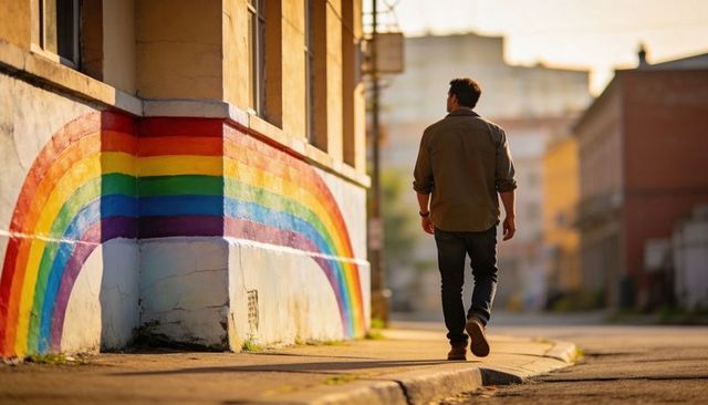 Walking past rainbow mural on downtown sidewalk at warm golden hour light