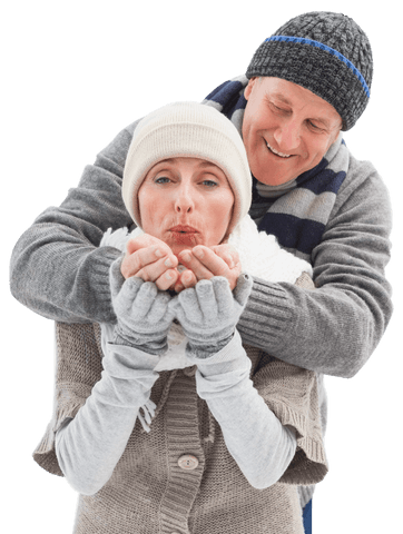 Happy Senior Couple in Winter Attire on Transparent Background