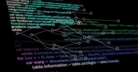 Code on screen with network graph and digital connections