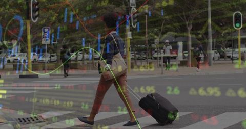 Woman with Suitcase Crosswalk Overlay of Stock Market Graph