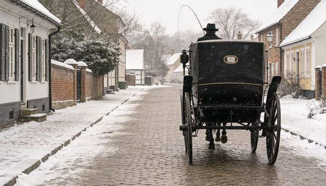 Traveling horse-drawn carriage on historic snowy cobblestone lane with coachman silhouette