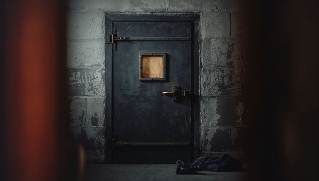 Secure Steel Door with Window in Gloomy Concrete Hallway