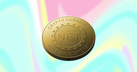 Golden nft coin on pastel gradient background