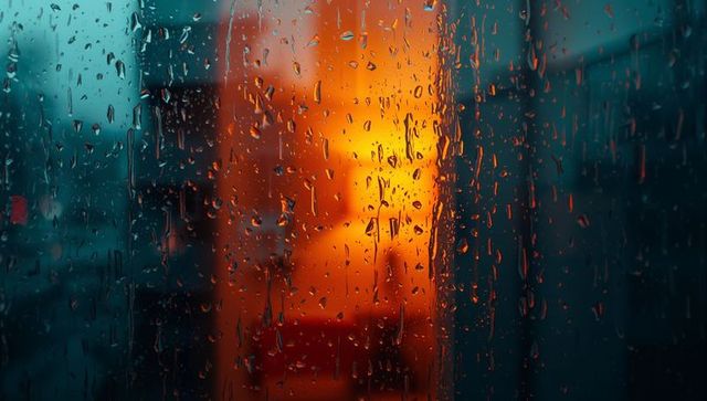 Moody Raindrop Reflections on Urban Glass at Night