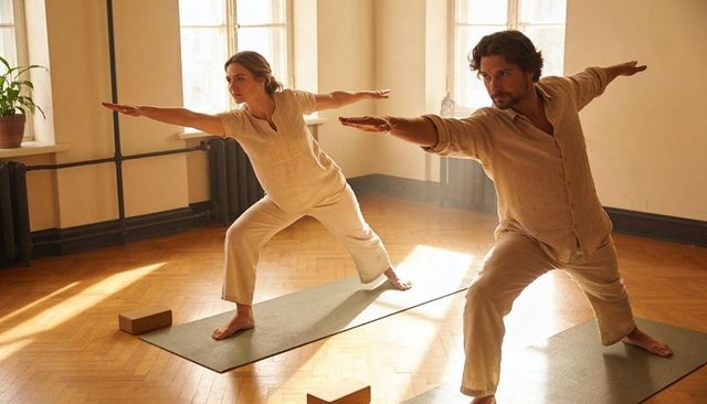 Couple practicing warrior ii yoga in sunlit room wearing natural linen outfits for mindful balance