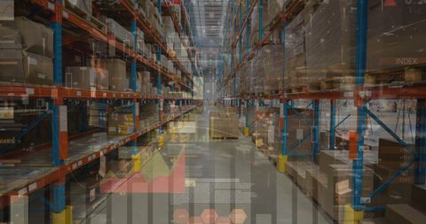 Warehouse Aisle Blends with Financial Graph Overlay for Business Concept - Download Free Stock Images Pikwizard.com