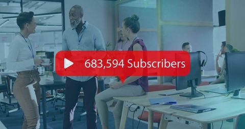 Office team networking with featured subscriber count overlay