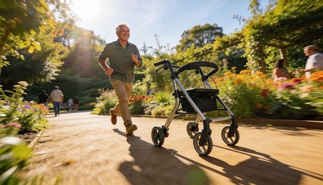 Active senior jogging past empty rollator on sunny garden path embracing mobility