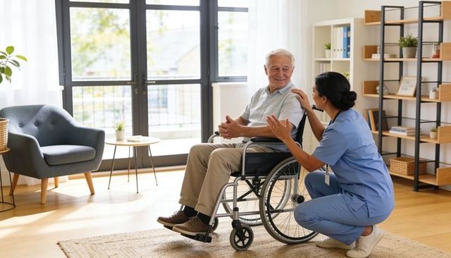 Compassionate caregiver kneeling and comforting senior in wheelchair in sunlit home care