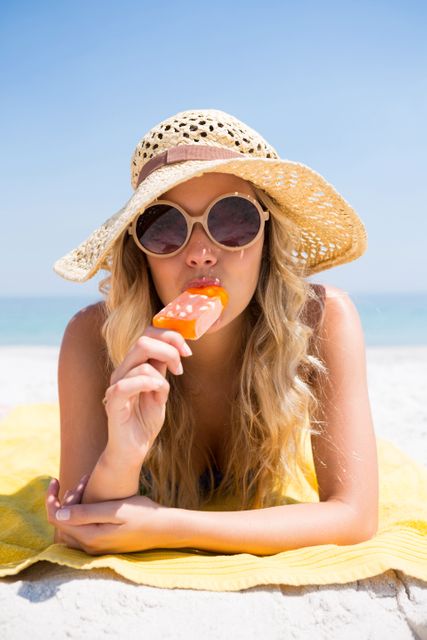 Portrait of young woman eating popsicle while relaxing at beach on sunny day