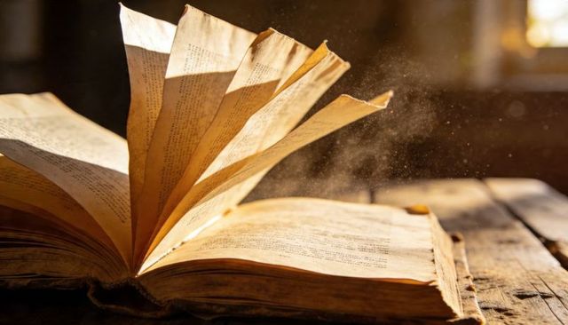 Sunlit antique book with fanned yellowed pages and floating dust motes on rustic table