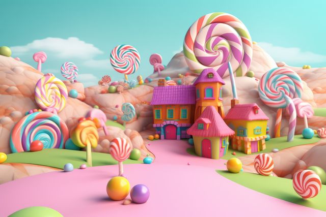 Candyland scene with vibrant lollipop trees and whimsical candy houses. Perfect for children's book illustrations, playful backgrounds, fantasy-themed designs, and animations with a fairytale theme.
