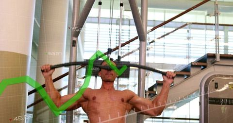 Shirtless man performing lat pulldown with green data overlay, gym workout tracking