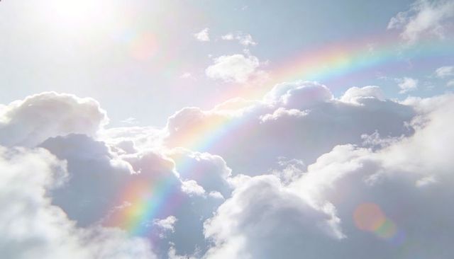 Arcing pastel rainbow crossing sunlit cumulus clouds casting lens flare and dreamlike glow