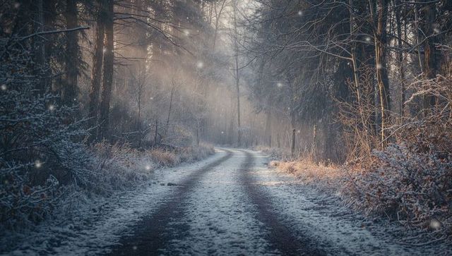 Snow-covered woodland path with gentle sunlight