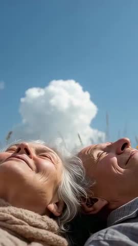Vertical video smiling senior couple lying in meadow relaxing and gazing at cloud-filled blue sky
