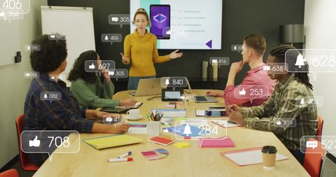 Diverse Team With Notification Overlays in Business Meeting - Download Free Stock Images Pikwizard.com