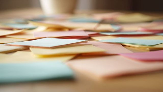 Pastel Sticky Note Cascade Scattered Colorful Memo Pads Creating Textured Desk Composition