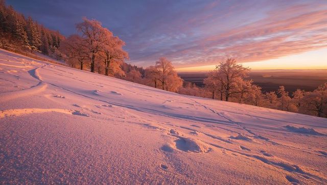 Sunrise alpenglow bathing snowy hillside with ski tracks and frosted trees