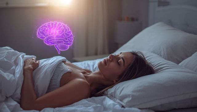 Sleeping woman dreaming with glowing purple brain hologram above pillow in bedroom