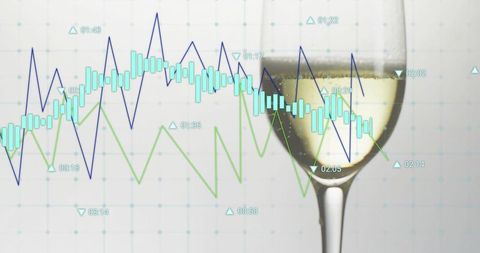 White wine glass refracting candlestick charts and line graphs for finance concept