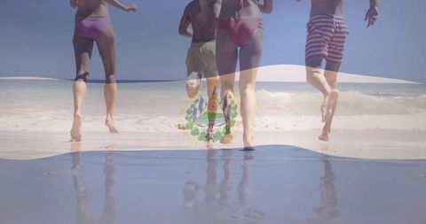 Friends running on beach with nicaraguan flag transparent overlay