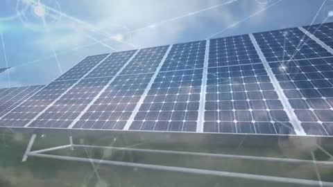 Solar Panels with Digital Energy Network Overlay on Grassy Field