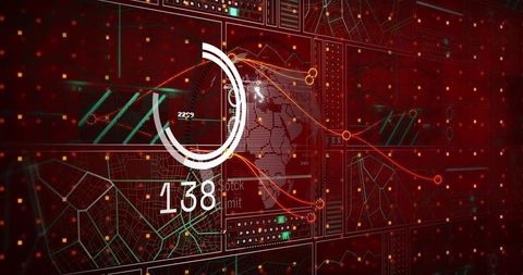 Dark red futuristic dashboard with circular readout, global map and live data streams