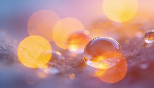 Macro water droplet reflecting warm bokeh on textured leaf with glowing light orbs