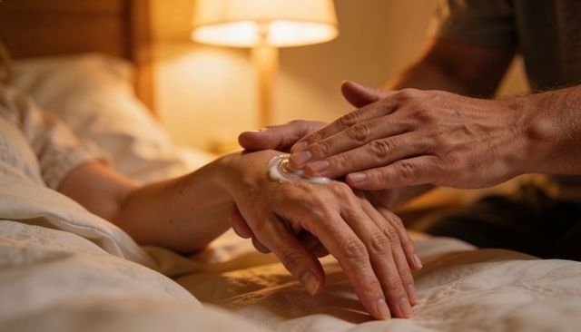 Caregiver applying hand cream to senior in bed under warm bedside lamp light