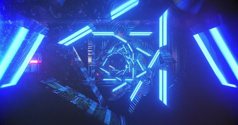 Glowing blue triangular tunnel with hypnotic light patterns
