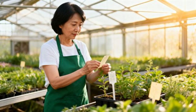 Senior asian gardener reading plant label and checking seedlings in sunlit greenhouse