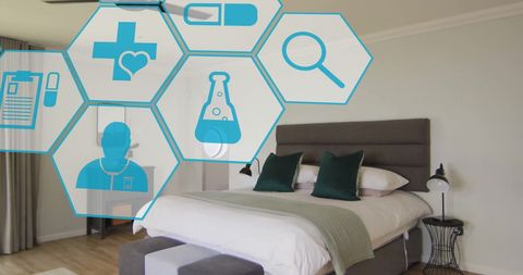 Futuristic Medical Icons Over Cozy Bedroom Interior