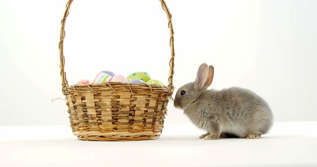 A small grey rabbit sits beside a wicker basket filled with colorful Easter eggs, with copy space. The image evokes the festive spirit of Easter with the traditional symbols of the holiday.