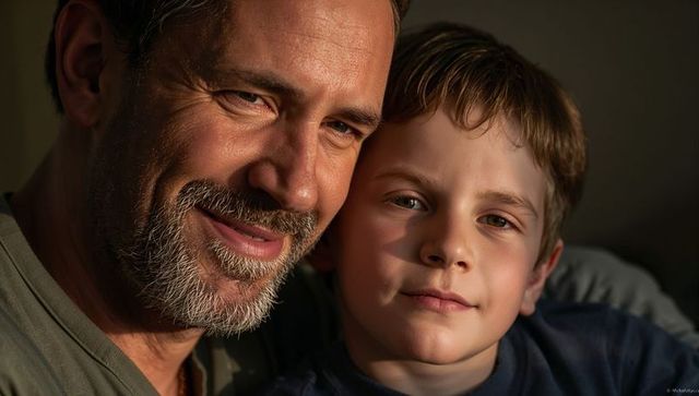 Father and son sharing quiet sunlit moment warm closeup portrait showing bond